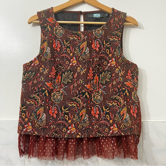 Anthropologie Eva Franco S Brown Jacquard Tulle Boho Feminine Sleeveless Top - Picture 3 of 16